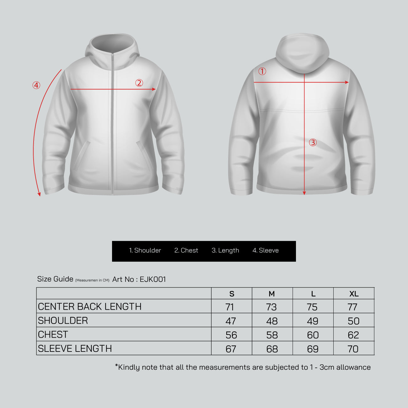 UNISEX DUCK FEATHERS MIX POLYESTER FLEECE JACKET - EJK001 size chart