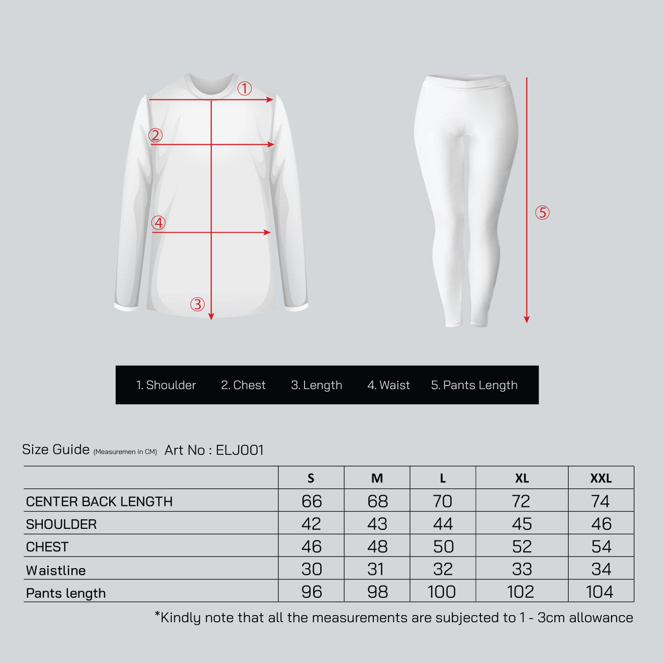 MENS FLEECE LONG JOHN - ELJ001 size chart