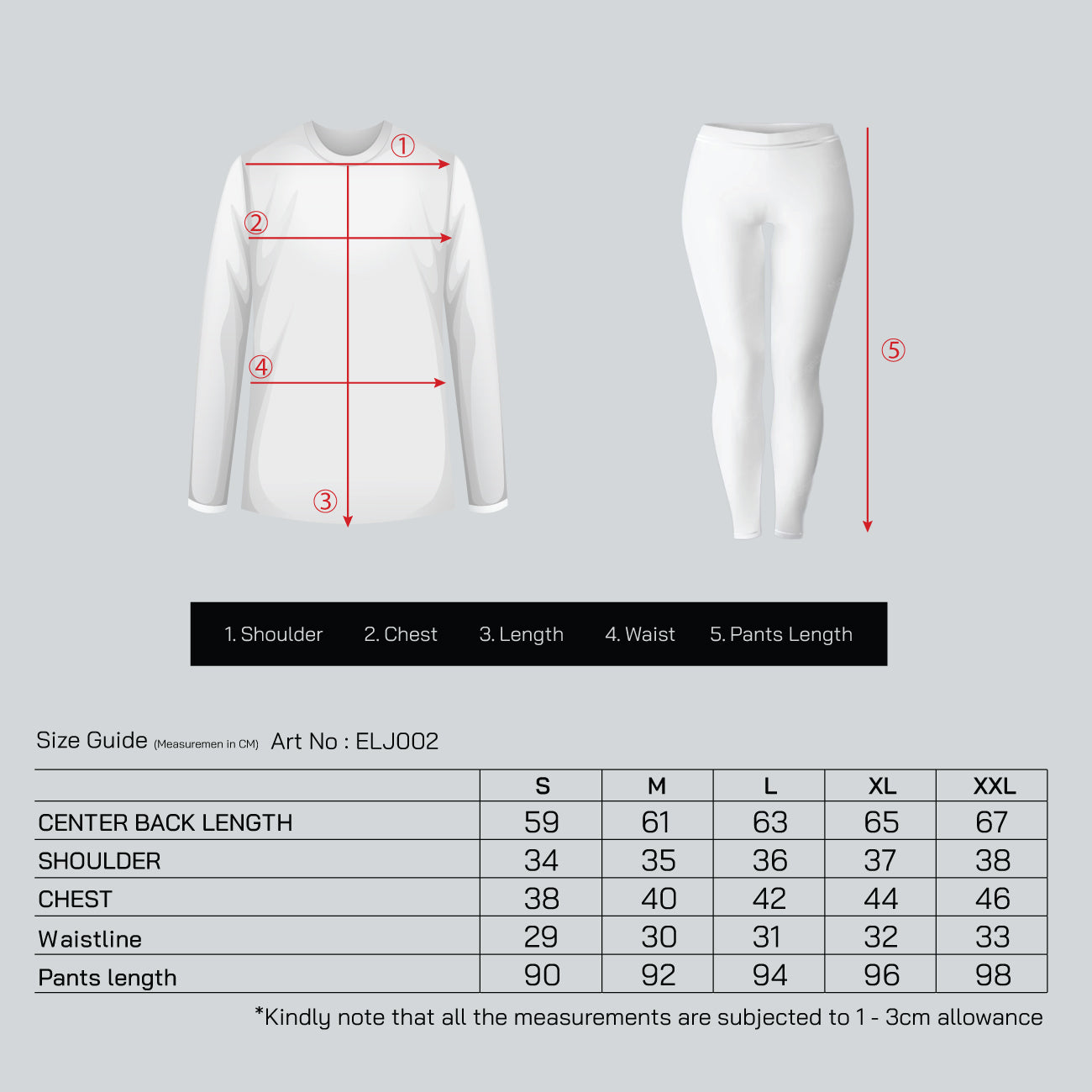 LADIES FLEECE LONG JOHN - ELJ002 size chart