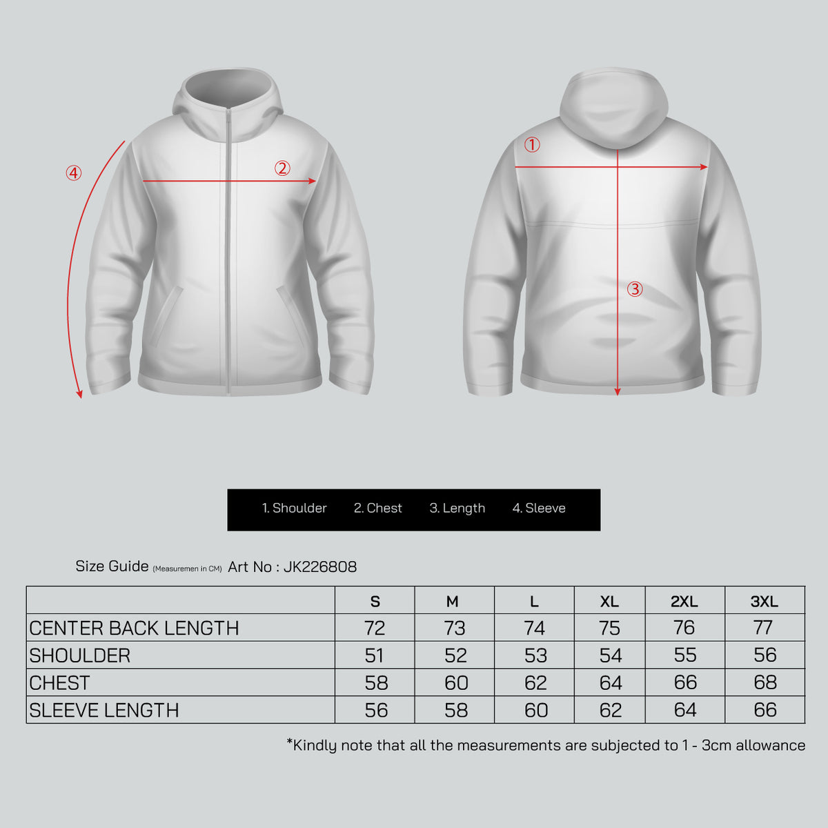 MENS POLYESTER JACKET - JK226808 size chart