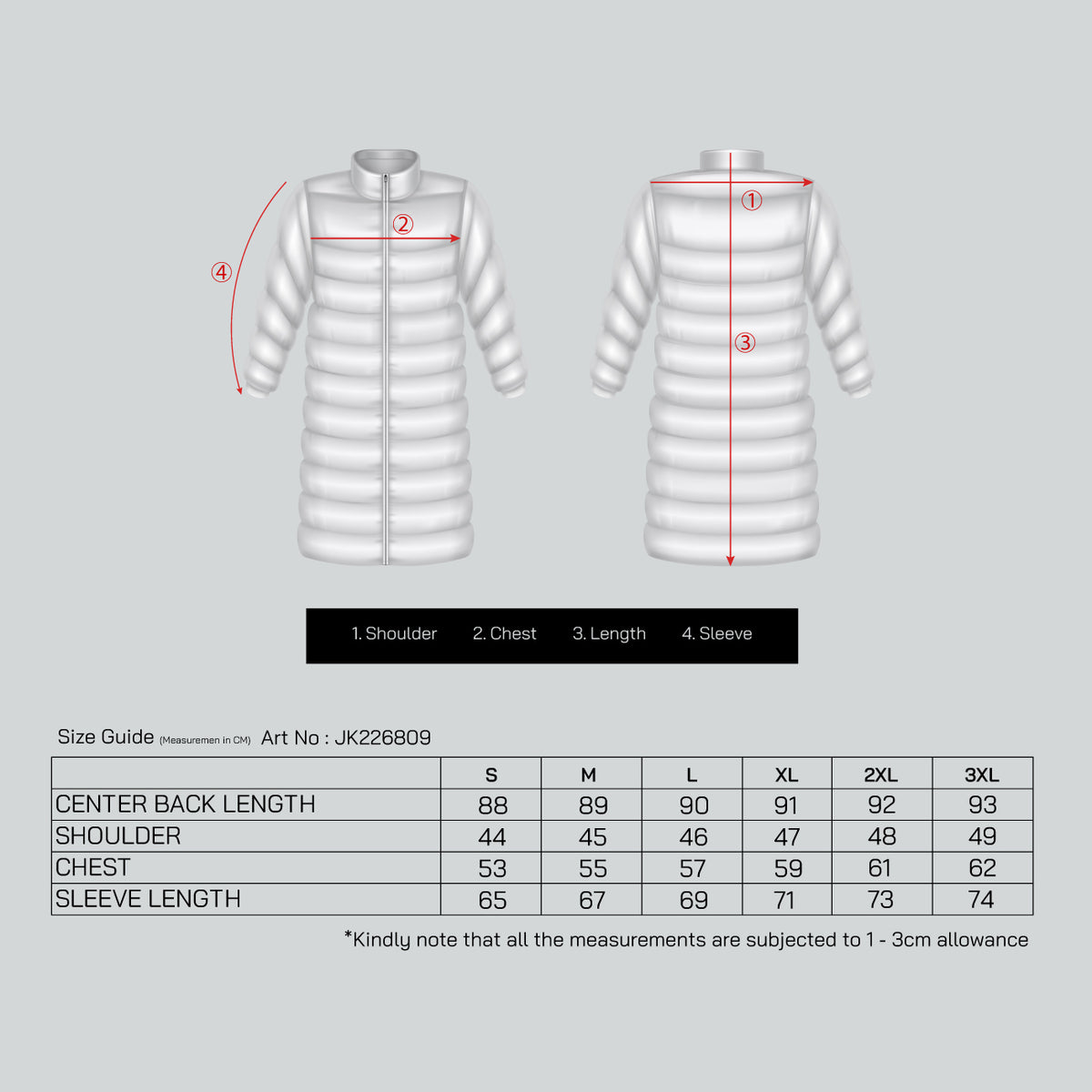 LADIES POLYESTER LONG JACKET - JK226809 size chart