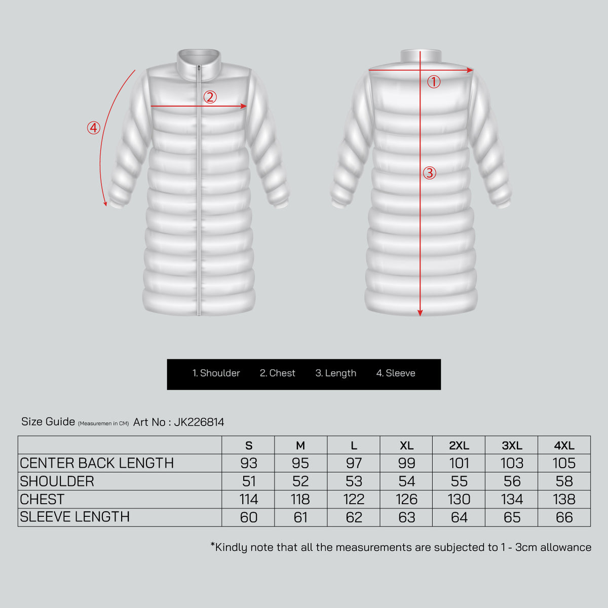 MENS PLUS SIZE POLYESTER JACKET - JK226814 size chart